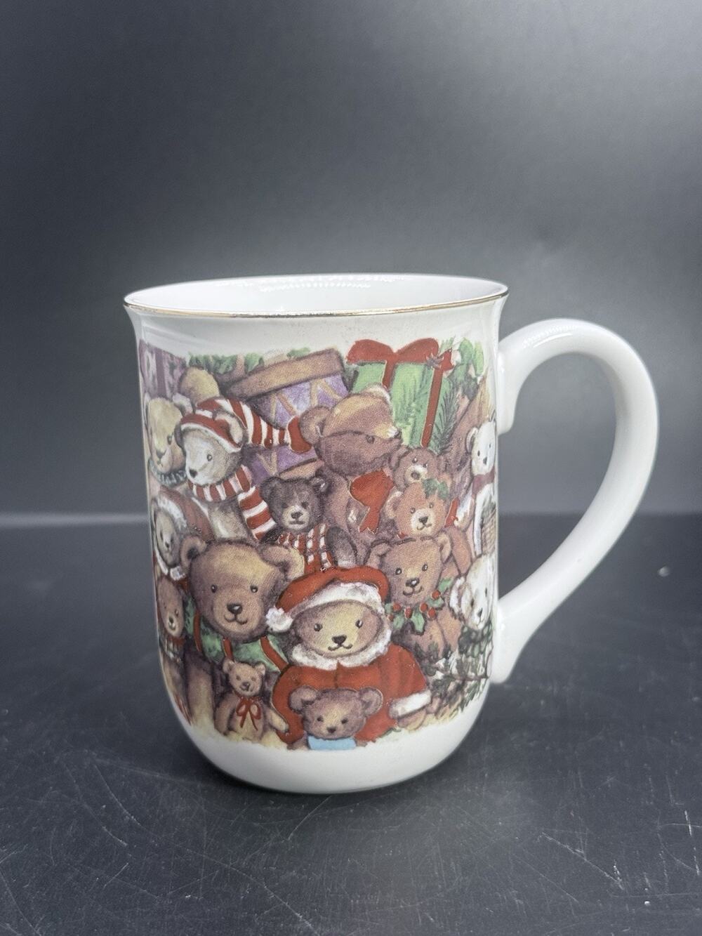 Debra Meyer Otagiri Japan Christmas Teddy Bear Mug Holiday Toys Gold Trim